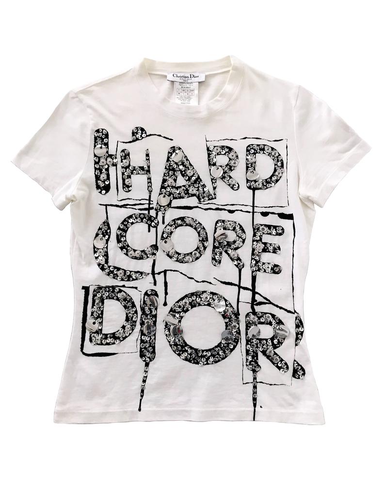 Fruit Vintage Christian Dior logo logo t-shirt printed with 'Hardcore Dior' and featuring sequin embellishment