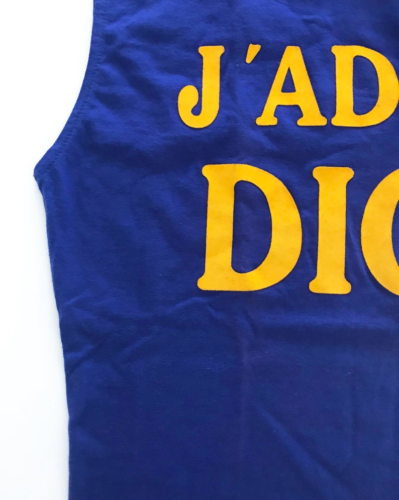 Fruit Vintage Christian Dior Blue yellow J'adore Dior logo monogram tank by John Galliano, as seen on Sex and the City and Khloe Kardashian.