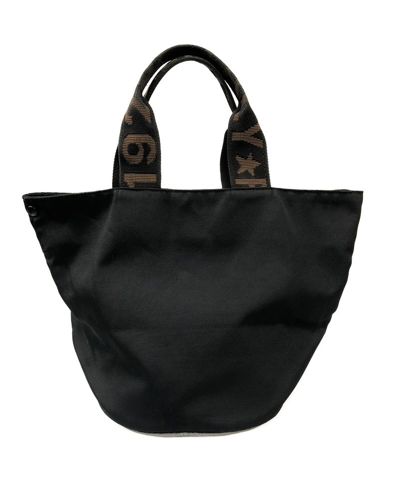 FRUIT Vintage Fendi Zucca small logo tote bag in durable nylon canvas. It features Fendi logo text at the front, monogram handles and internal seam trim, and top zipper closure. The bag can be buttoned to change shape into a more bucket shape also!