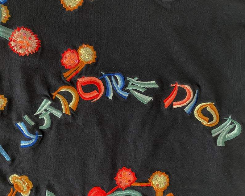 Fruit Vintage rare Christian Dior J'adore Dior logo tee featuring an Asian floral embroidered design. The embroidery includes delicate sequins.