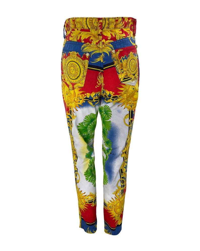 FRUIT Vintage Versace pants from the Jeans Couture collection. This is a lifetime Gianni Versace piece from the 1990s, it features the iconic 'Baroque' Print with Miami palms at the rear.
