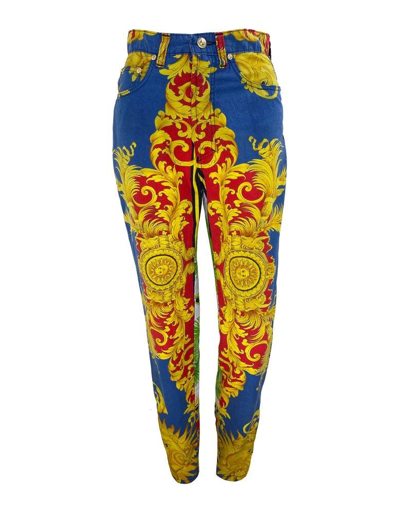 FRUIT Vintage Versace pants from the Jeans Couture collection. This is a lifetime Gianni Versace piece from the 1990s, it features the iconic 'Baroque' Print with Miami palms at the rear.