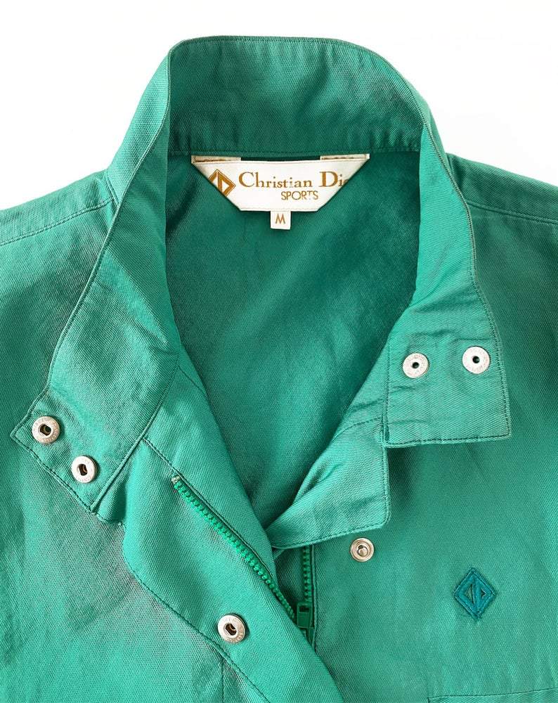 FRUIT vintage rare Christian Dior Sports Green Logo bomber jacket from the 1980s. It features a classic 1980s bomber jacket cut, and large Christian Dior Sport text logo printed at rear.