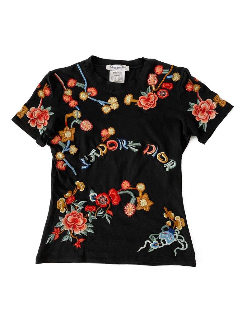 Fruit Vintage rare Christian Dior J'adore Dior logo tee featuring an Asian floral embroidered design. The embroidery includes delicate sequins.
