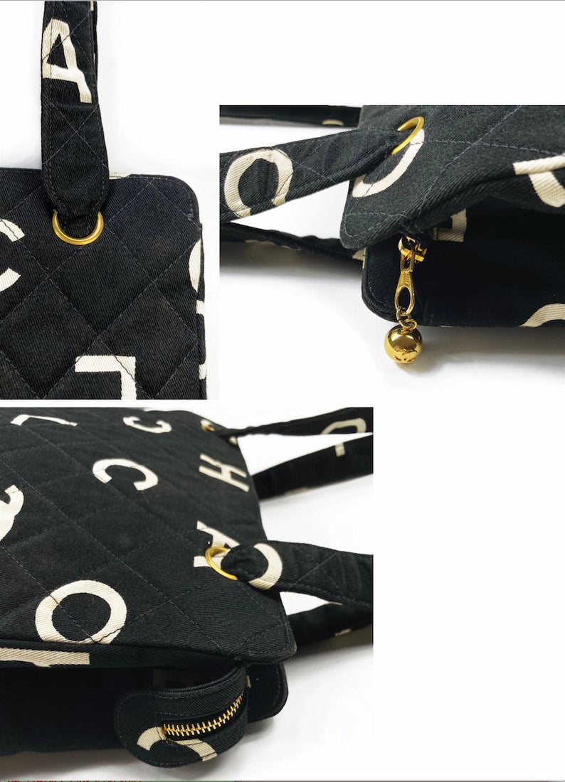 Fruit Vintage Chanel rare 1997 quilted logo monogram letter canvas zipper tote as seen on Ariana Grande