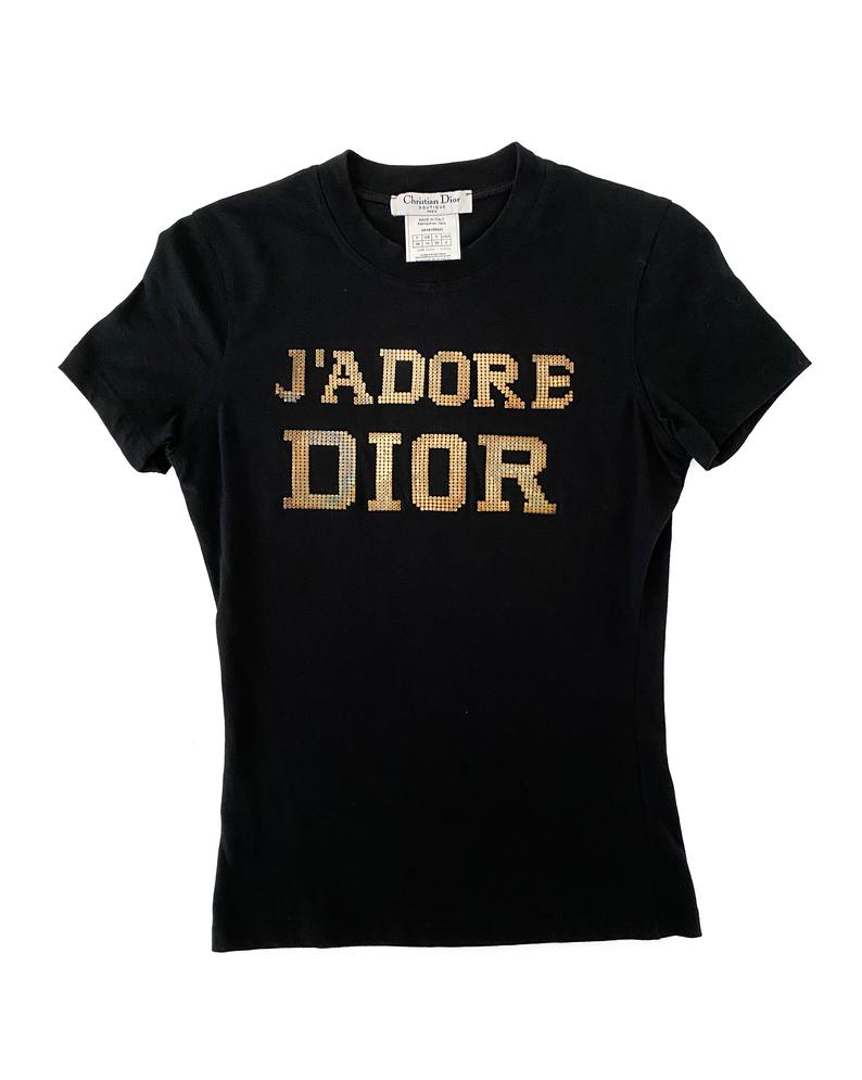 Fruit Vintage rare Christian Dior J'adore Dior logo monogram tee featuring a textured gold glomesh print front and back. This style was recently worn by Kylie Jenner and is very hard to find!