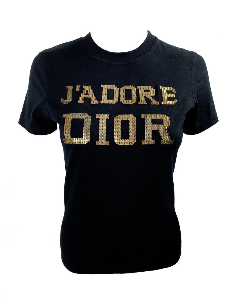 Fruit Vintage rare Christian Dior J'adore Dior logo monogram tee featuring a textured gold glomesh print front and back. This style was recently worn by Kylie Jenner and is very hard to find!