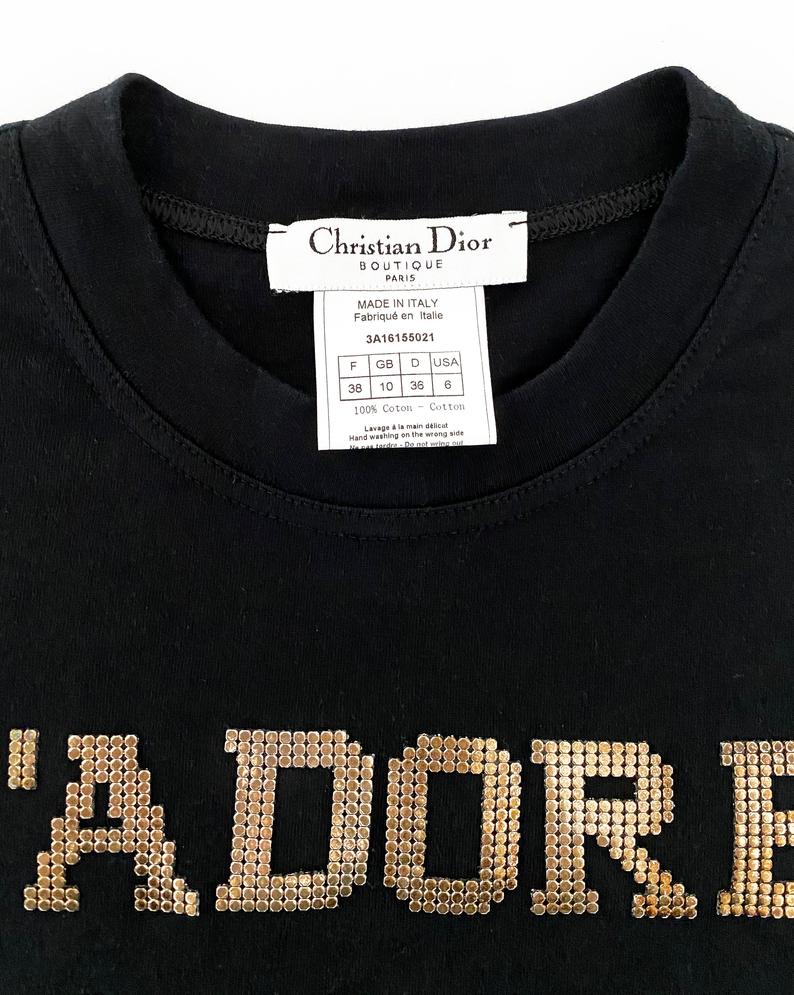 Fruit Vintage rare Christian Dior J'adore Dior logo monogram tee featuring a textured gold glomesh print front and back. This style was recently worn by Kylie Jenner and is very hard to find!