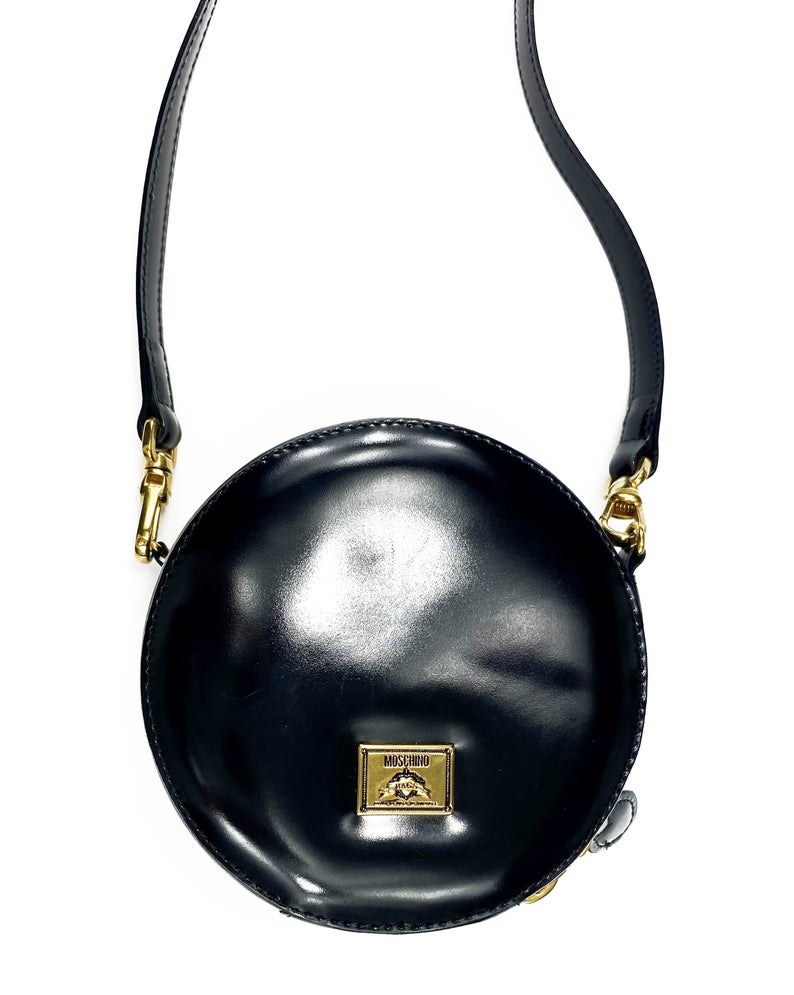 FRUIT Vintage Moschino Smiley Face Bag with cross body strap. Rare 1990s iconic Moschino mini yellow face logo handbag.