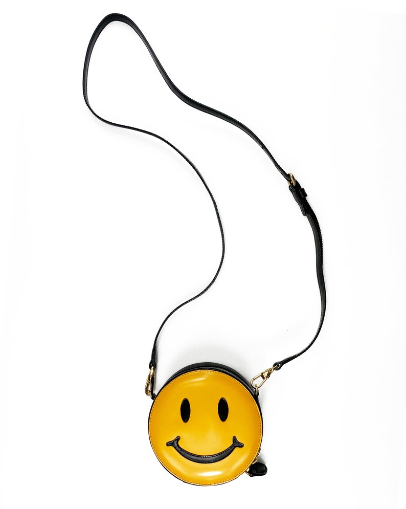 FRUIT Vintage Moschino Smiley Face Bag with cross body strap. Rare 1990s iconic Moschino mini yellow face logo handbag.